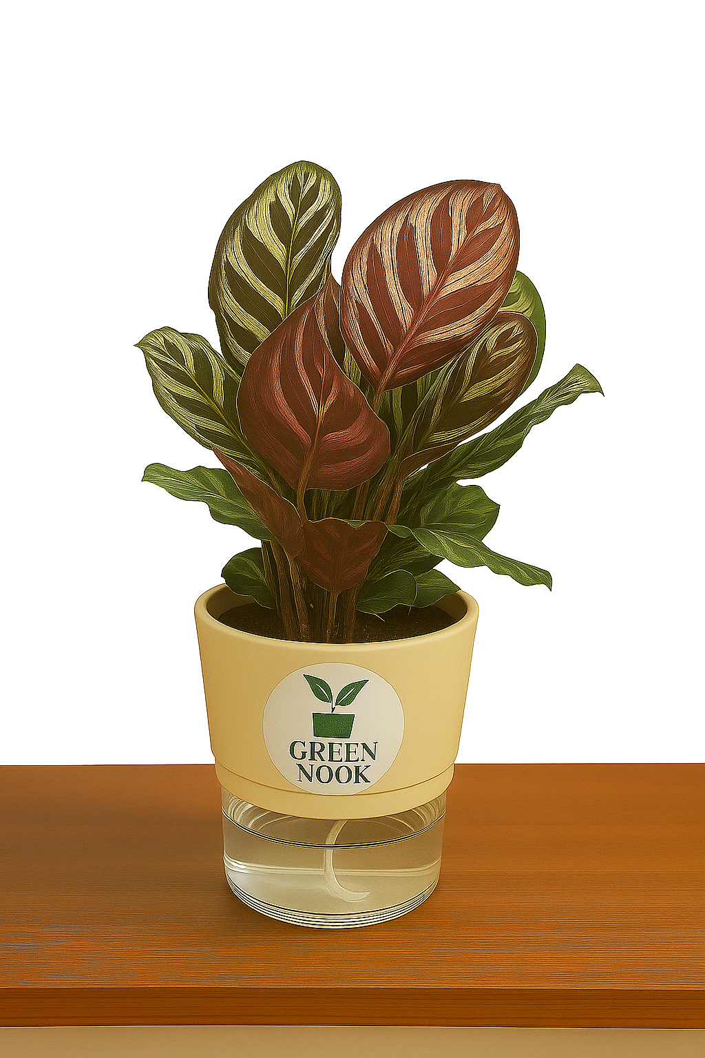 Calathea Peacock Makoyana plant live air purifying indoor plant with self watering pot.
