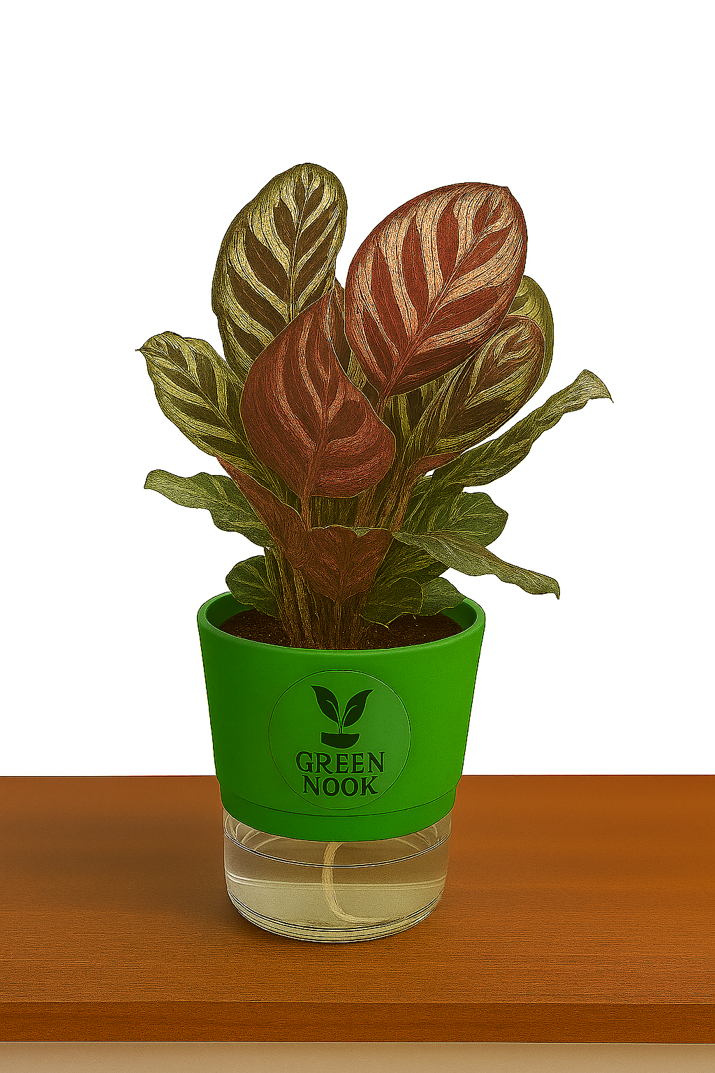 Calathea Peacock Makoyana plant live air purifying indoor plant with self watering pot.