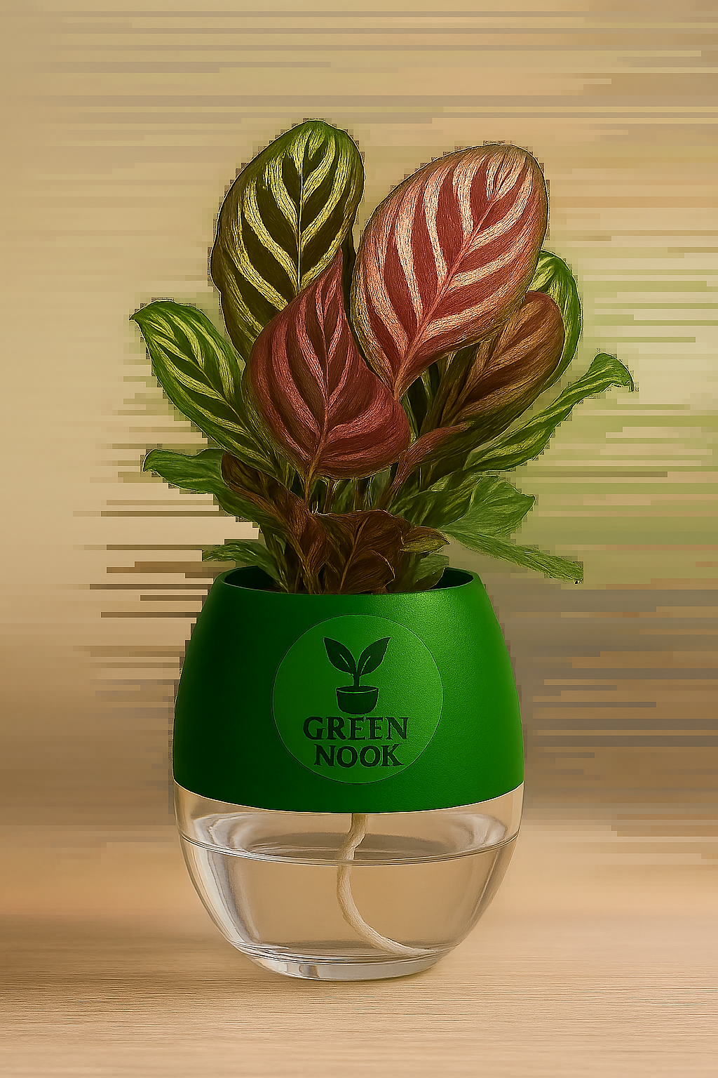 Calathea Peacock Makoyana plant live air purifying indoor plant with self watering pot.