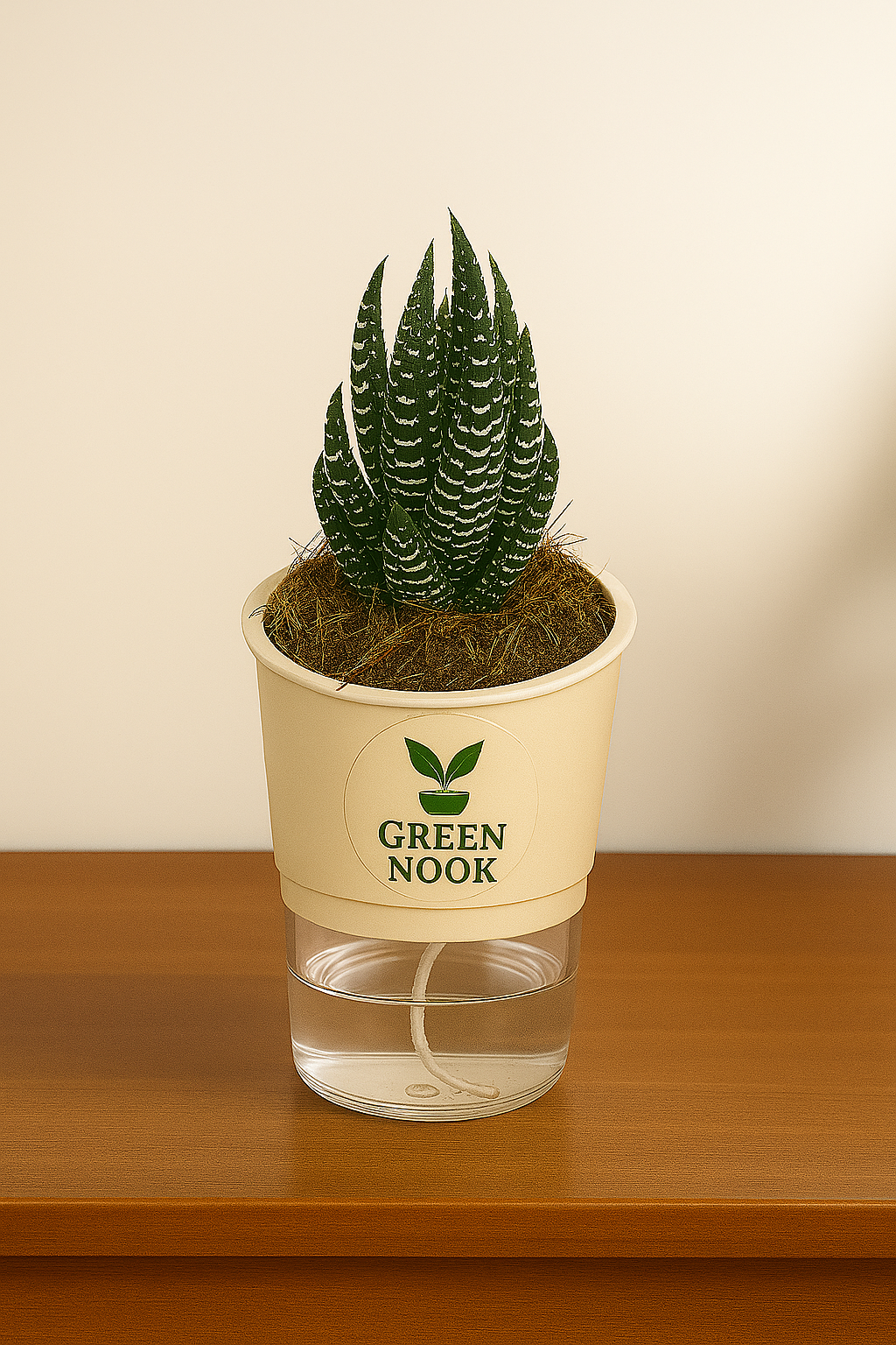 Zebra Haworthia succulent plant live indoor plant with self watering pot.