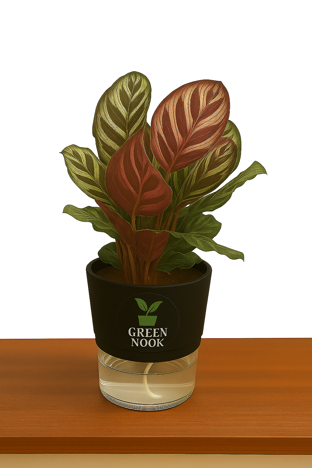 Calathea Peacock Makoyana plant live air  purifying indoor plant with self watering pot.