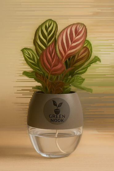 Calathea Peacock Makoyana plant live air  purifying indoor plant with self watering pot.