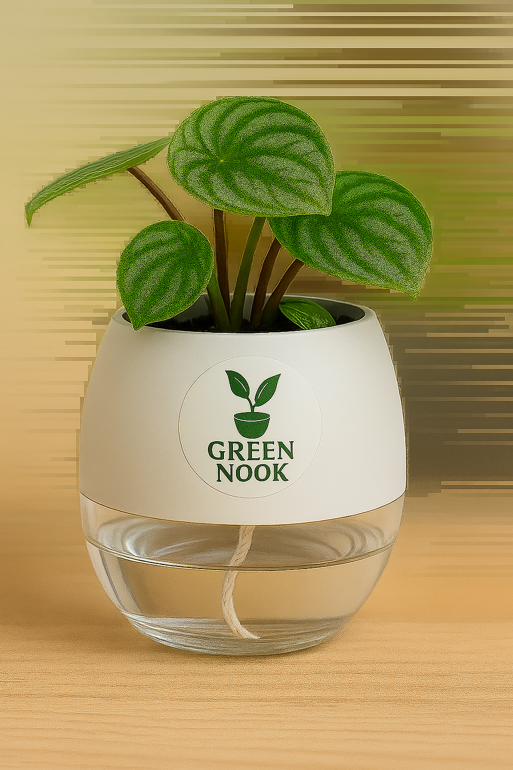 Peperomia Watermelon live indoor plant with self watering pot.