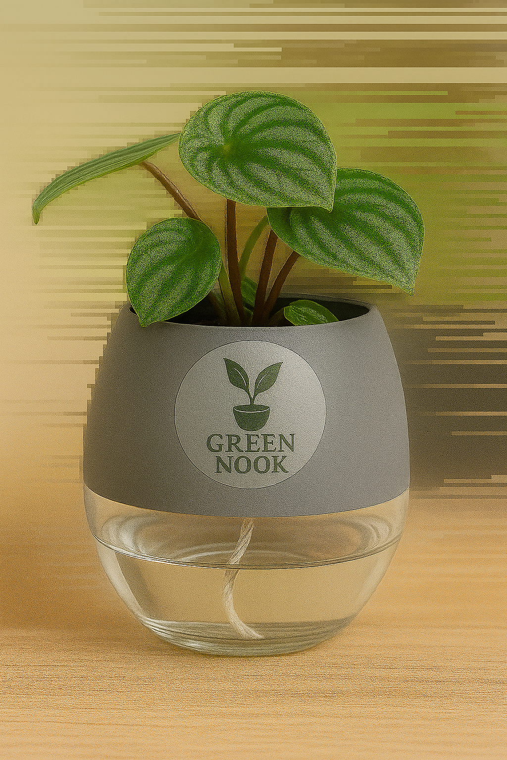 Peperomia Watermelon live indoor plant with self watering pot.
